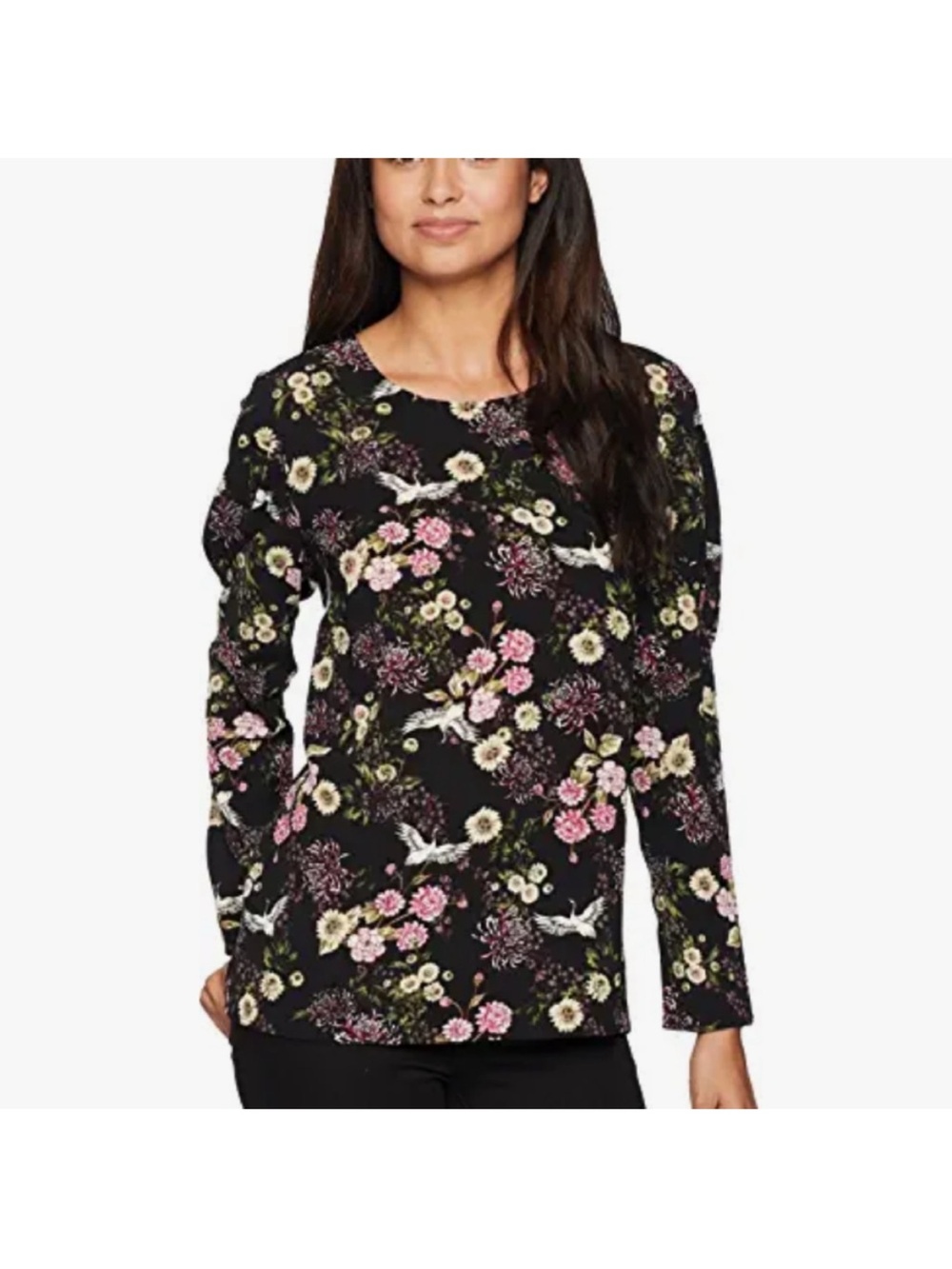 Kensie Black Floral Cranes Long Sleeve Modest Blouse Women’s Size Medium
